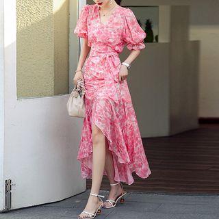 Floral Asymmetrical Puff-sleeve Dress