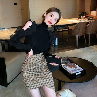 Ruffle Trim Turtleneck Cutout Knit Top