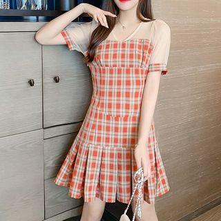 Short-sleeve Mesh-panel Striped Pleated Dress