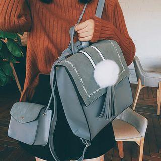 Faux-leather Tasseled Pompom Backpack With Cross Bag