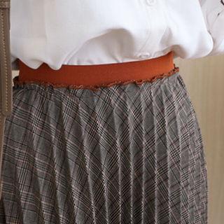 Band-waist Pleated Checked Midi Skirt