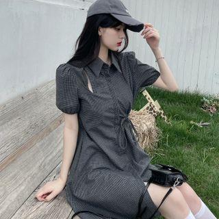 Puff-sleeve Plaid Tie-strap Mini Shirtdress
