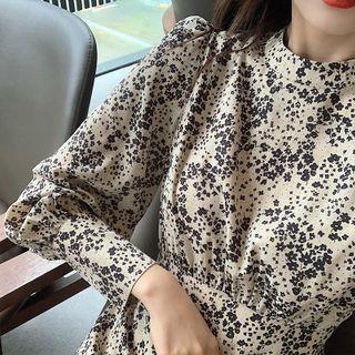 Long-sleeve Crew Neck Floral Tie Waist Dress