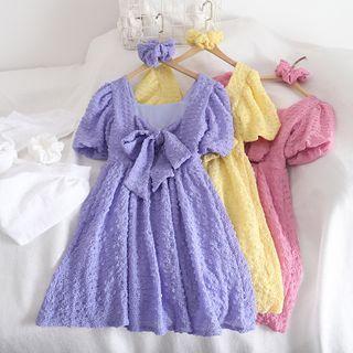 Puff-sleeve Textured Bow A-line Dress