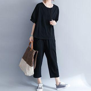 Set: Elbow-sleeve T-shirt + Cropped Pants Black - One Size