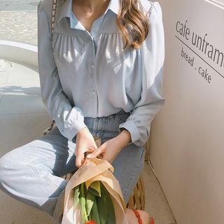 Shirred Trim Blouse Sky Blue - One Size