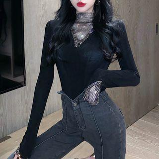 Long-sleeve Mock-neck Rhinestone Panel Top