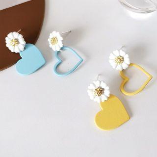 Asymmetrical Floral Heart Drop Earring / Clip-on Earring