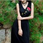 Rose Embroidered Sleeveless Midi A-line Dress