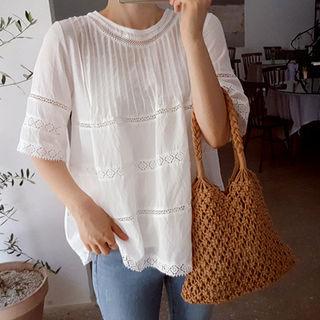 Pintuck-detail Lace-trim Top
