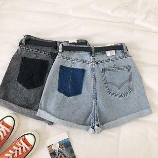 Color-block Pocket High-waist Roll-up Shorts With Belt