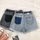 Color-block Pocket High-waist Roll-up Shorts With Belt