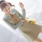 Long-sleeve Collared Panel Striped Mini A-line Dress