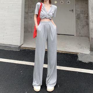 Short-sleeve Twist Crop Top / Wide Leg Sweatpants
