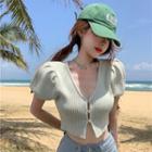 Puff-sleeve Knit Crop Top Green - One Size