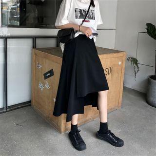 Asymmetrical Hem Midi A-line Skirt Black - One Size