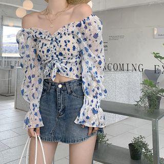 Puff-sleeve V-neck Drawstring Floral Shirt Blue - One Size