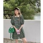 Puff-sleeve Striped Polo Shirt Dress Green - One Size