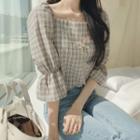 Balloon Sleeve Square Neck Plaid Top