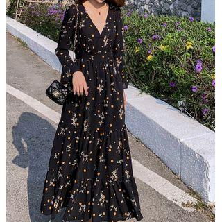 Long-sleeve Floral Print V-neck Midi Dress