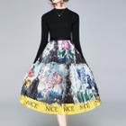 Set: Knit Top + Printed Accordion Pleat Midi A-line Skirt