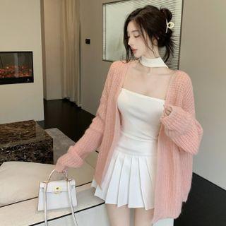 Strapless Halter Top / Pleated Mini A-line Skirt / Cardigan