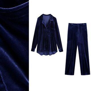 Pocket-front Velvet Long-sleeve Top / Velvet Pants