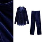 Pocket-front Velvet Long-sleeve Top / Velvet Pants