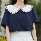 Heart Embroidered Contrast Collar T-shirt