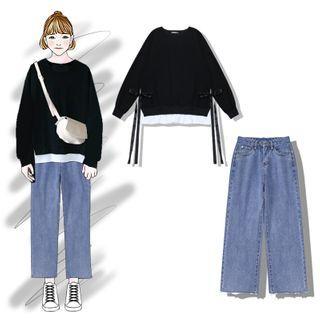 Mock Two Piece Bow Sweatshirt / High Waist Wide Leg Jeans