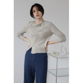 Button-trim Slit-hem Knit Top Light Green - One Size