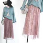 Mesh Pleated Velvet Midi Skirt