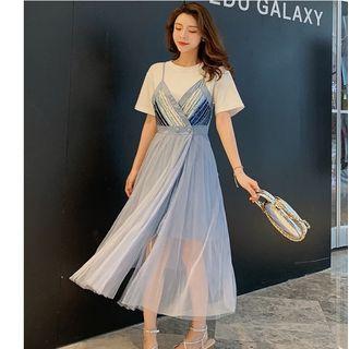 Set: Short-sleeve T-shirt + Spaghetti Strap Maxi Mesh Dress