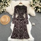 V-neck Leopard Print Long-sleeve Dress