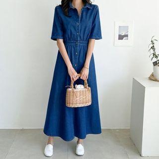 Band-waist Denim Shirtdress Blue - One Size