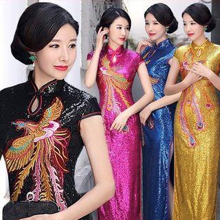 Sequined Peacock Embroidered Cap-sleeve Qipao