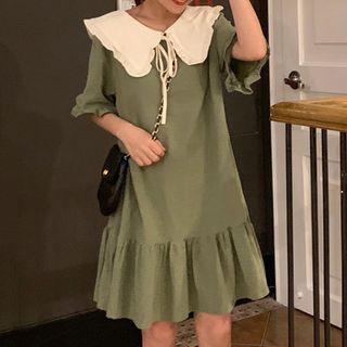 Collared Tie-neck Short-sleeve Dress