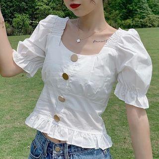 Ruffled Square-neck Puff-sleeve Blouse