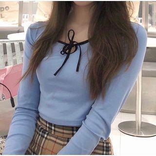 Long-sleeve Tie-neck Cropped T-shirt As Shown In Figure - One Size