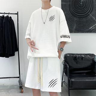 Set: Elbow-sleeve Print T-shirt + Wide Leg Shorts