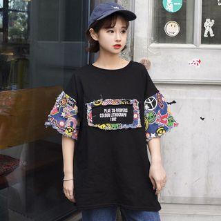 Print Panel Denim Elbow-sleeve Top