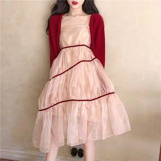 Mesh Color-block Sleeveless Dress / Plain Cardigan
