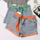 Contrast Color Distressed Roll-up Denim Shorts