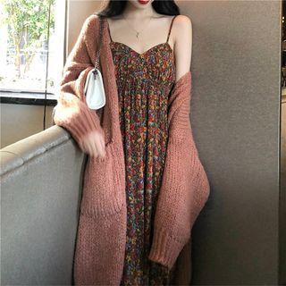 Spaghetti-strap Floral Dress / Long-sleeve Cardigan