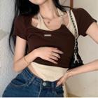 Short-sleeve Halter-neck Mock Two-piece Color Panel T-shirt