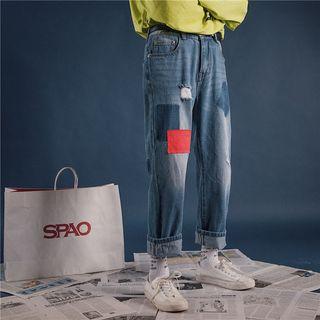 Patchwork Washed Straight Cut Jeans