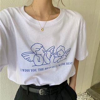 Elbow-sleeve Printed Angel T-shirt