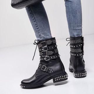 Studded Buckled Lace-up Short Boots