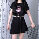 Set: Short-sleeve Flower Print Mini Dress + Waist Chain
