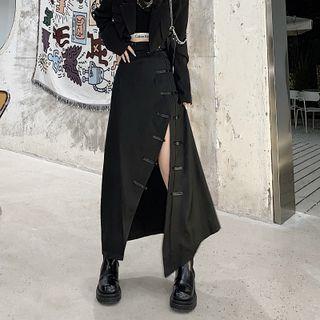 Asymmetrical Frog Buttoned Midi A-line Skirt